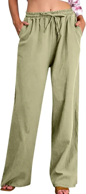 Cotton Linen Pants for Women Dressy Casual Trousers Loose Drawstring Waist Lounge Long Pants Pockets Summer Outfits