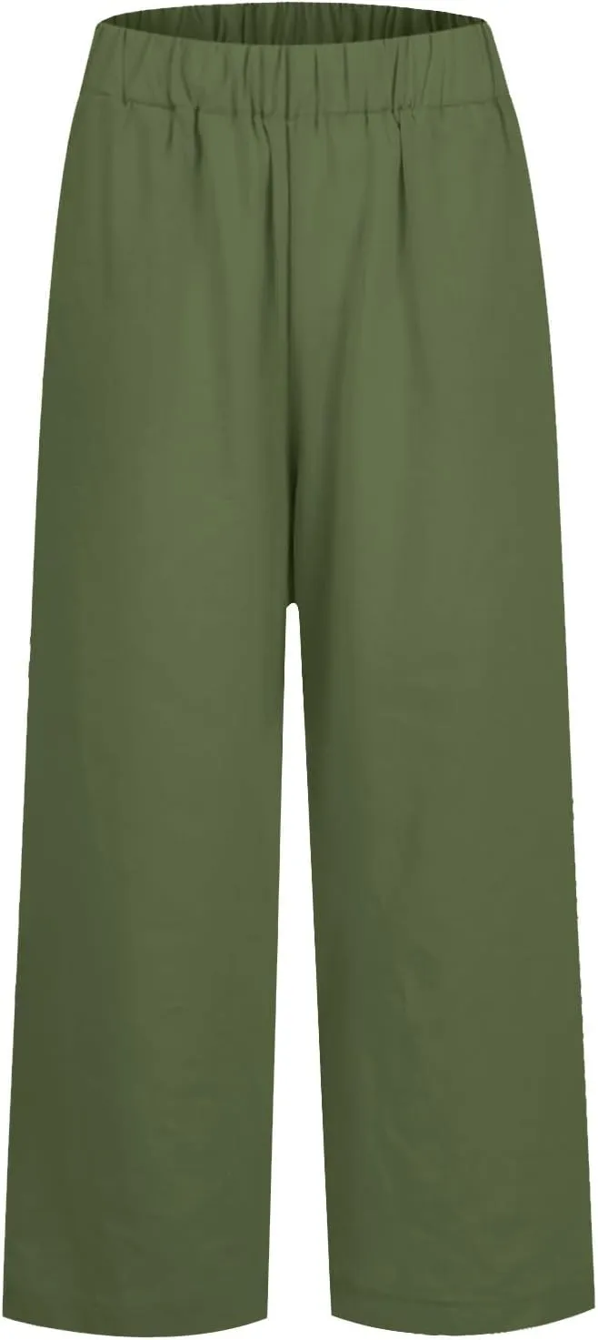 Cotton Linen Pants Women Summer Elastic Straight Leg Pants Plus Size Wide Leg Crop Pants Beach Trousers with Pockets