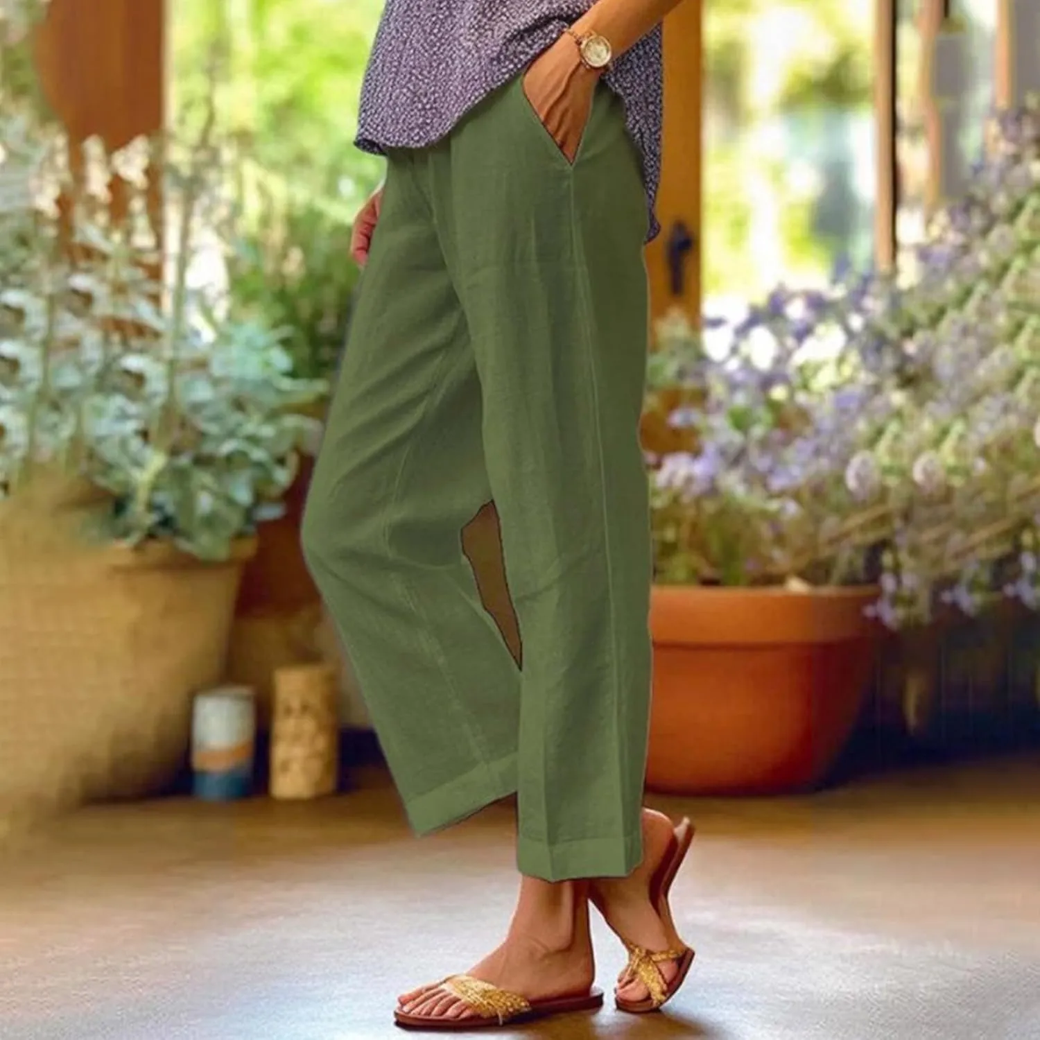 Cotton Linen Pants Women Summer Elastic Straight Leg Pants Plus Size Wide Leg Crop Pants Beach Trousers with Pockets