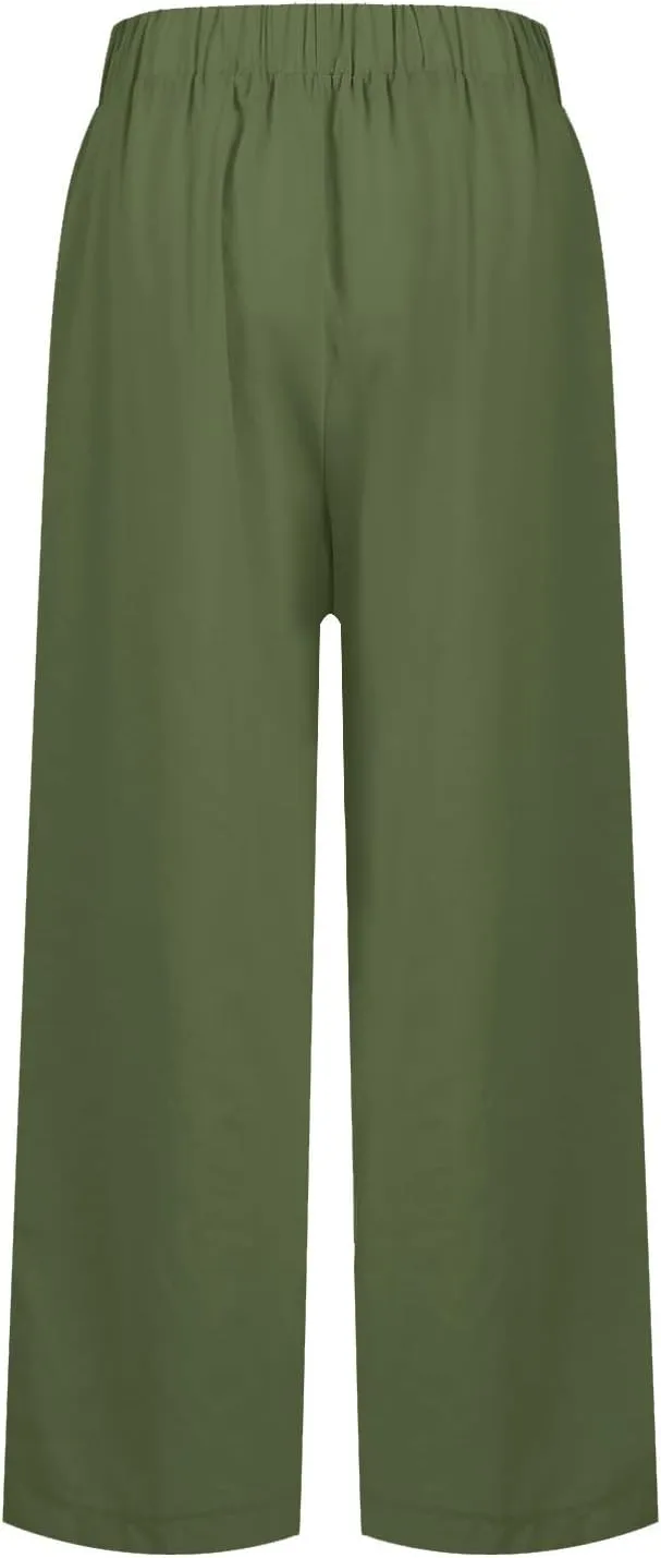 Cotton Linen Pants Women Summer Elastic Straight Leg Pants Plus Size Wide Leg Crop Pants Beach Trousers with Pockets