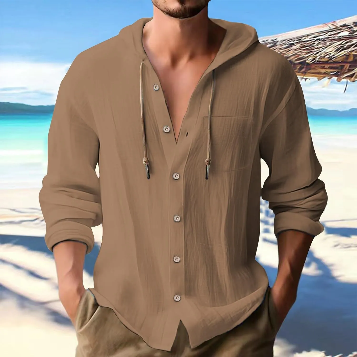 Cotton Linen Shirts for Men Drawstring Button Long Sleeve Tops with Hood Casual Breathable Summer Beach Hoodie