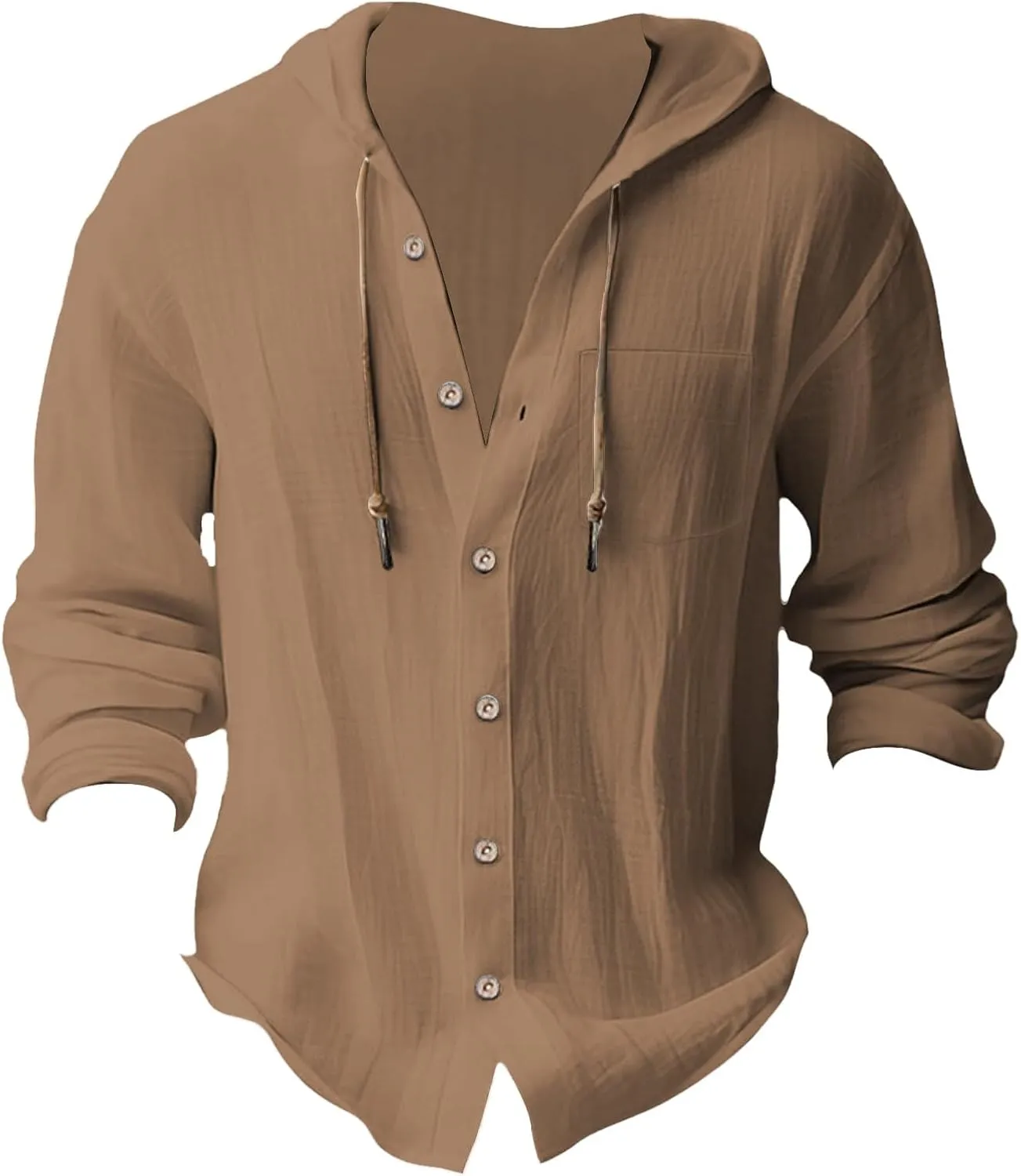 Cotton Linen Shirts for Men Drawstring Button Long Sleeve Tops with Hood Casual Breathable Summer Beach Hoodie