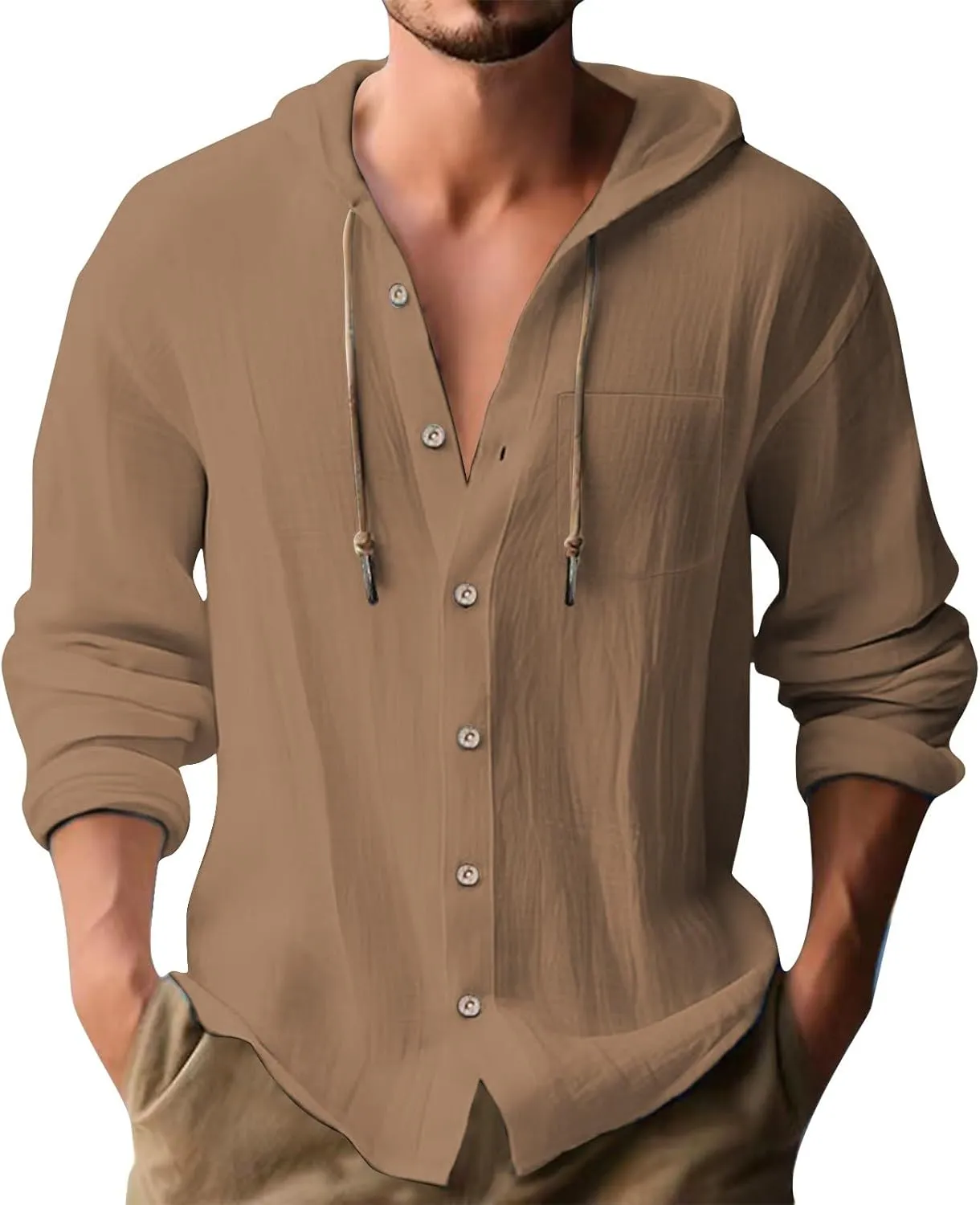 Cotton Linen Shirts for Men Drawstring Button Long Sleeve Tops with Hood Casual Breathable Summer Beach Hoodie