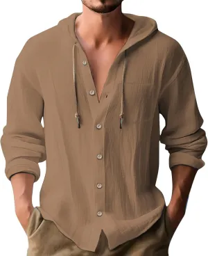Cotton Linen Shirts for Men Drawstring Button Long Sleeve Tops with Hood Casual Breathable Summer Beach Hoodie