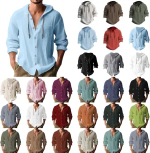 Cotton Linen Shirts for Men Drawstring Button Long Sleeve Tops with Hood Casual Breathable Summer Beach Hoodie
