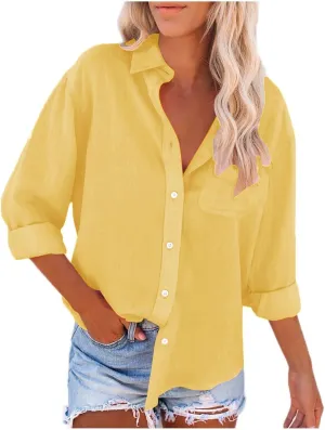 Cotton Linen Shirts for Women Long Sleeve Button Down Oversized Tshirts with Pockets Summer Beach Loose Gauze Tunic