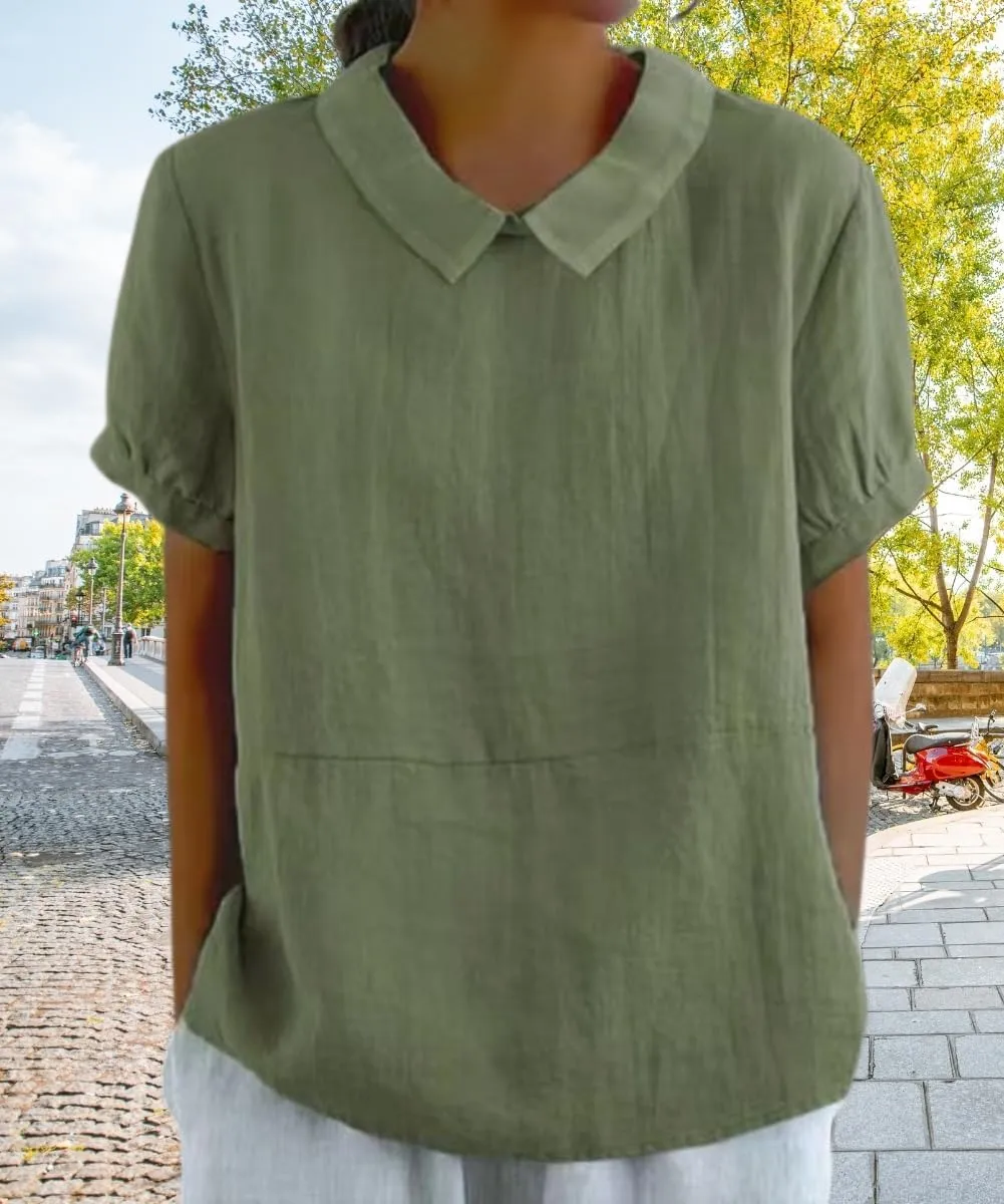 Cotton Linen Shirts for Women Summer Short Sleeve Casual Collared Work Blouse Tunic Tos