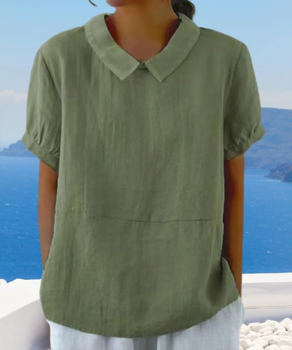 Cotton Linen Shirts for Women Summer Short Sleeve Casual Collared Work Blouse Tunic Tos
