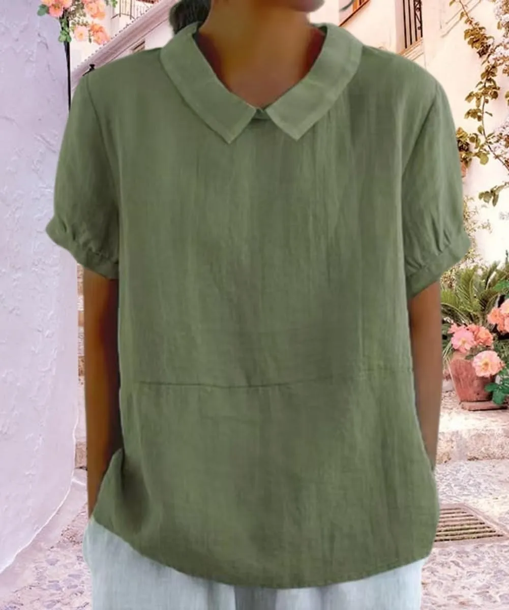 Cotton Linen Shirts for Women Summer Short Sleeve Casual Collared Work Blouse Tunic Tos