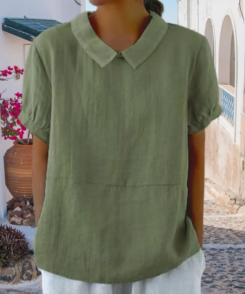 Cotton Linen Shirts for Women Summer Short Sleeve Casual Collared Work Blouse Tunic Tos