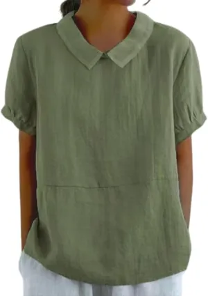 Cotton Linen Shirts for Women Summer Short Sleeve Casual Collared Work Blouse Tunic Tos