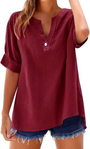 Cotton Linen Shirts for Women V-Neck Short Sleeve Loose Fit Blouses Spring and Summer Comfy Casual Dressy Work Tops