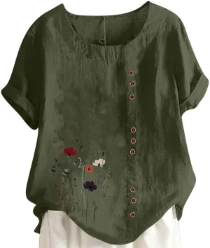 Cotton Linen Tops for Women Loose Casual Floral Print Blouse Trendy Roll Up Short Sleeve T-Shirt Summer Basic Tees