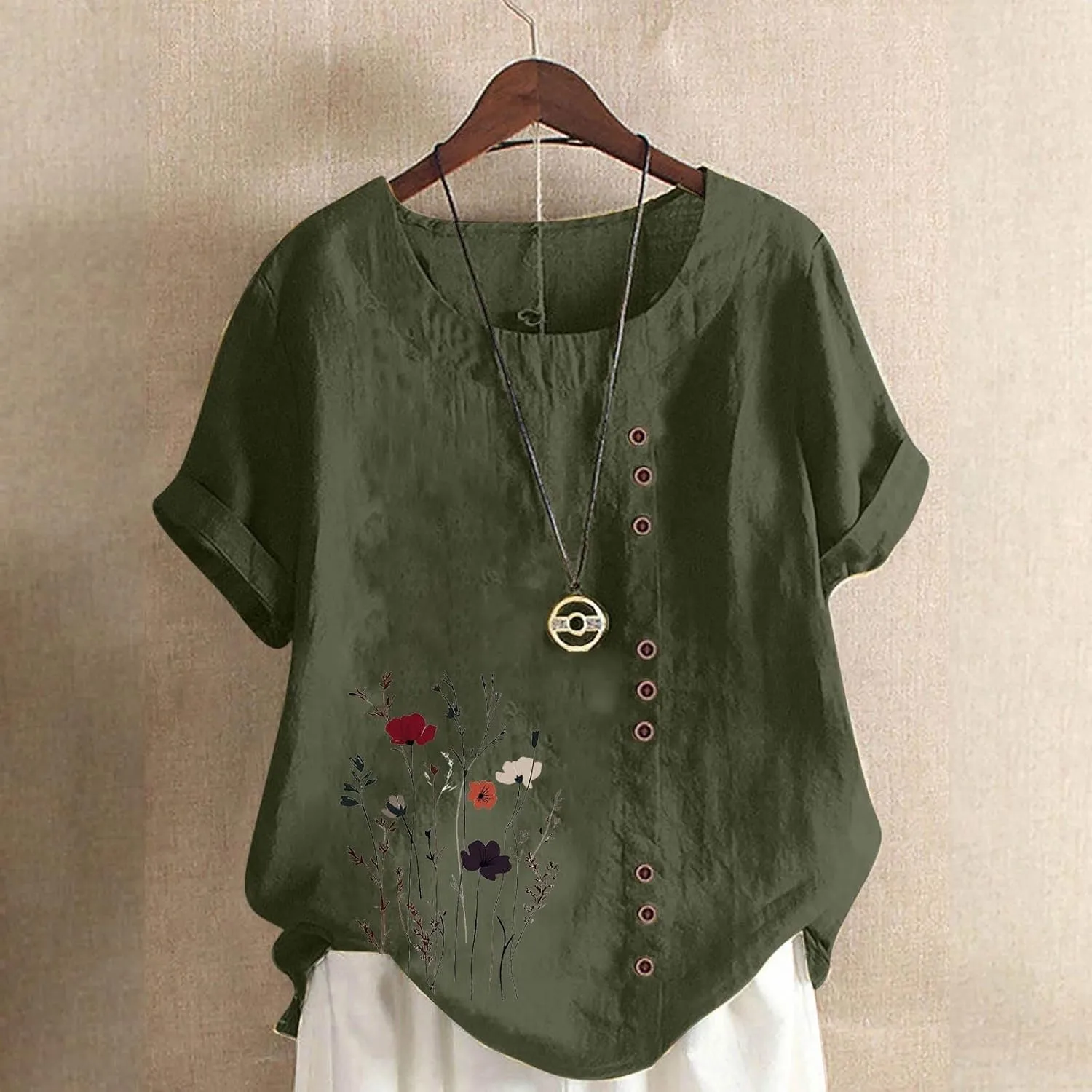 Cotton Linen Tops for Women Loose Casual Floral Print Blouse Trendy Roll Up Short Sleeve T-Shirt Summer Basic Tees
