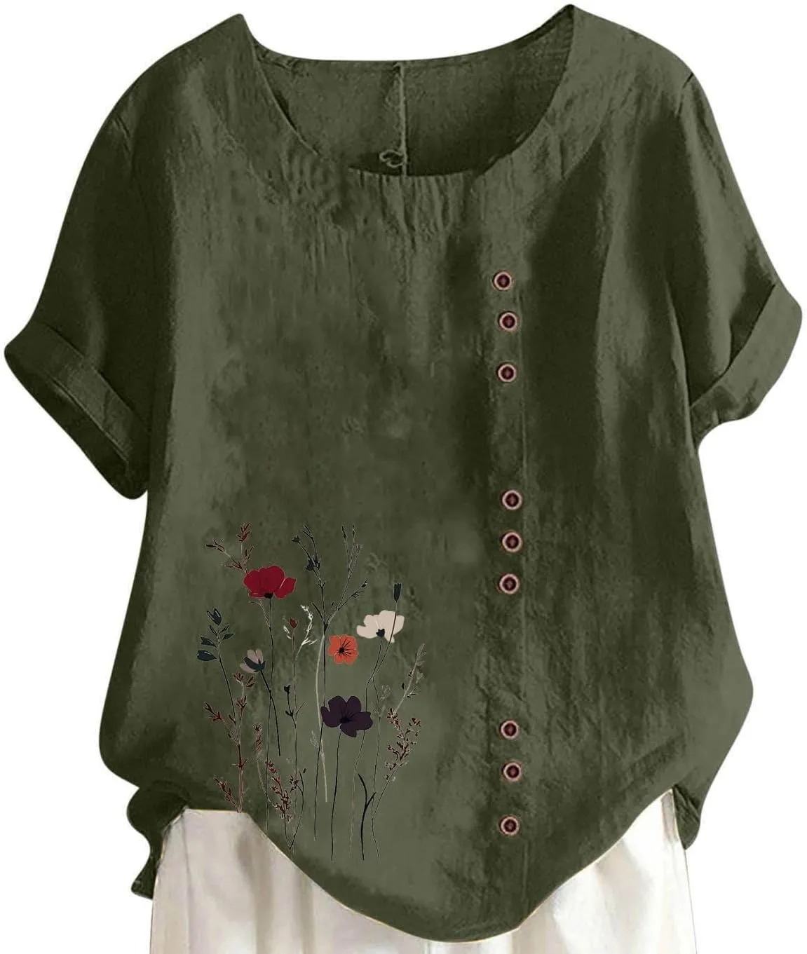 Cotton Linen Tops for Women Loose Casual Floral Print Blouse Trendy Roll Up Short Sleeve T-Shirt Summer Basic Tees