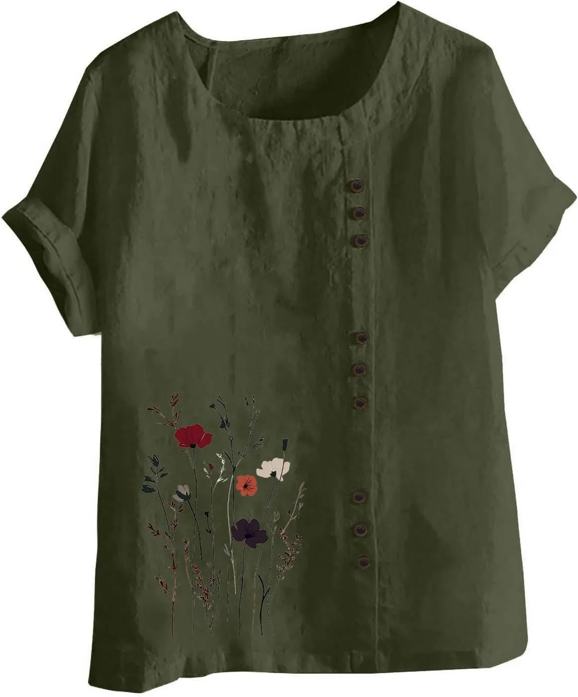 Cotton Linen Tops for Women Loose Casual Floral Print Blouse Trendy Roll Up Short Sleeve T-Shirt Summer Basic Tees