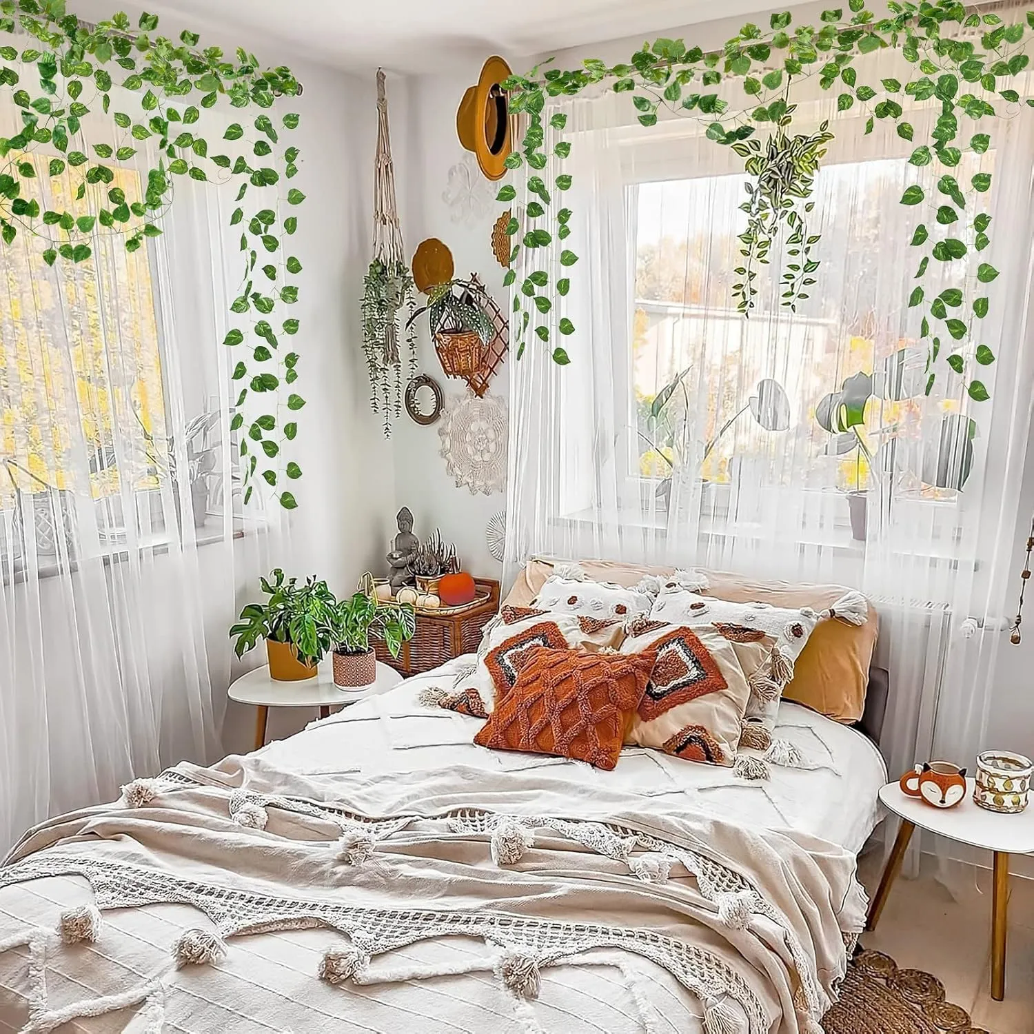 CQURE 48 Pcs 336Ft Artificial Ivy Fake Vines,Ivy Garland Greenery Garland Fake Hanging Plants Vines Green Leaves for Bedroom Wedding Garden Wall Room Decor