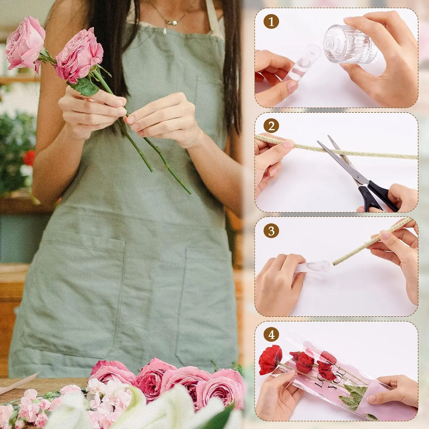 Craftdady Flower Wrapping Bags 50Pcs Pink Single Floral Sleeve with Flower Water Tube Clear Plastic Flower Bouquet Packing Bags for Festival Wedding Florist Bouquet Supplies 17.72 x 4.72 Inch