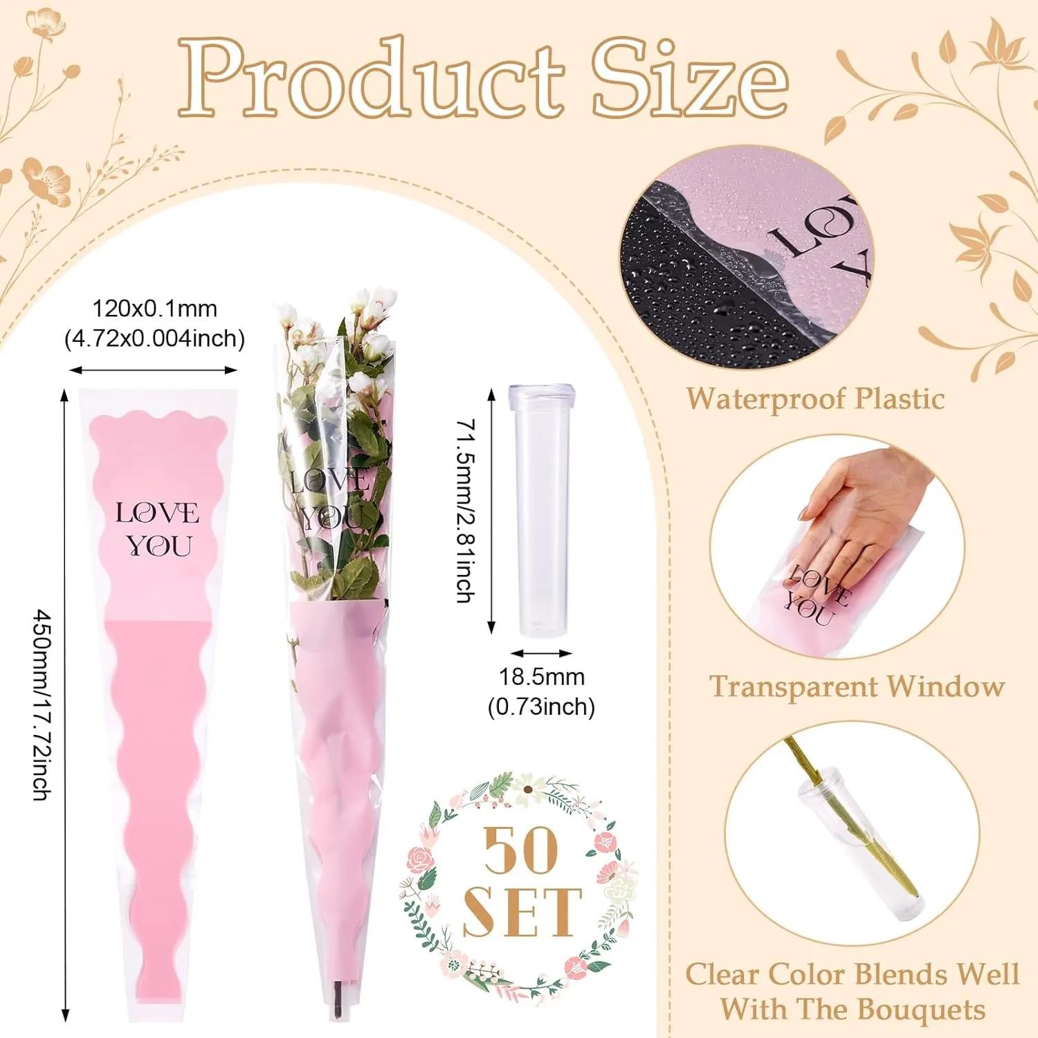 Craftdady Flower Wrapping Bags 50Pcs Pink Single Floral Sleeve with Flower Water Tube Clear Plastic Flower Bouquet Packing Bags for Festival Wedding Florist Bouquet Supplies 17.72 x 4.72 Inch