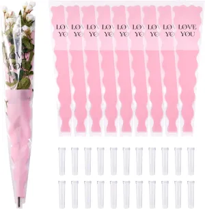 Craftdady Flower Wrapping Bags 50Pcs Pink Single Floral Sleeve with Flower Water Tube Clear Plastic Flower Bouquet Packing Bags for Festival Wedding Florist Bouquet Supplies 17.72 x 4.72 Inch