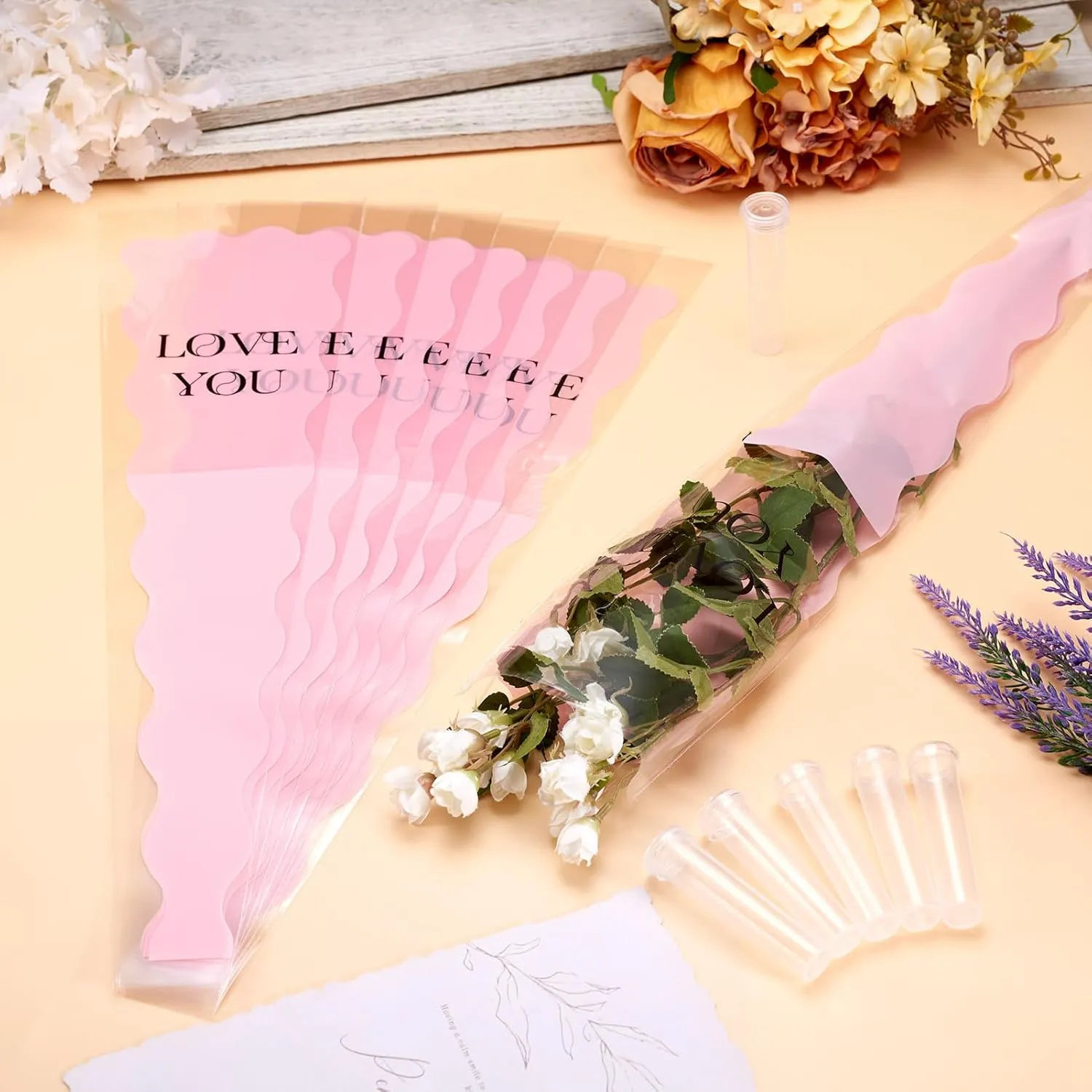 Craftdady Flower Wrapping Bags 50Pcs Pink Single Floral Sleeve with Flower Water Tube Clear Plastic Flower Bouquet Packing Bags for Festival Wedding Florist Bouquet Supplies 17.72 x 4.72 Inch