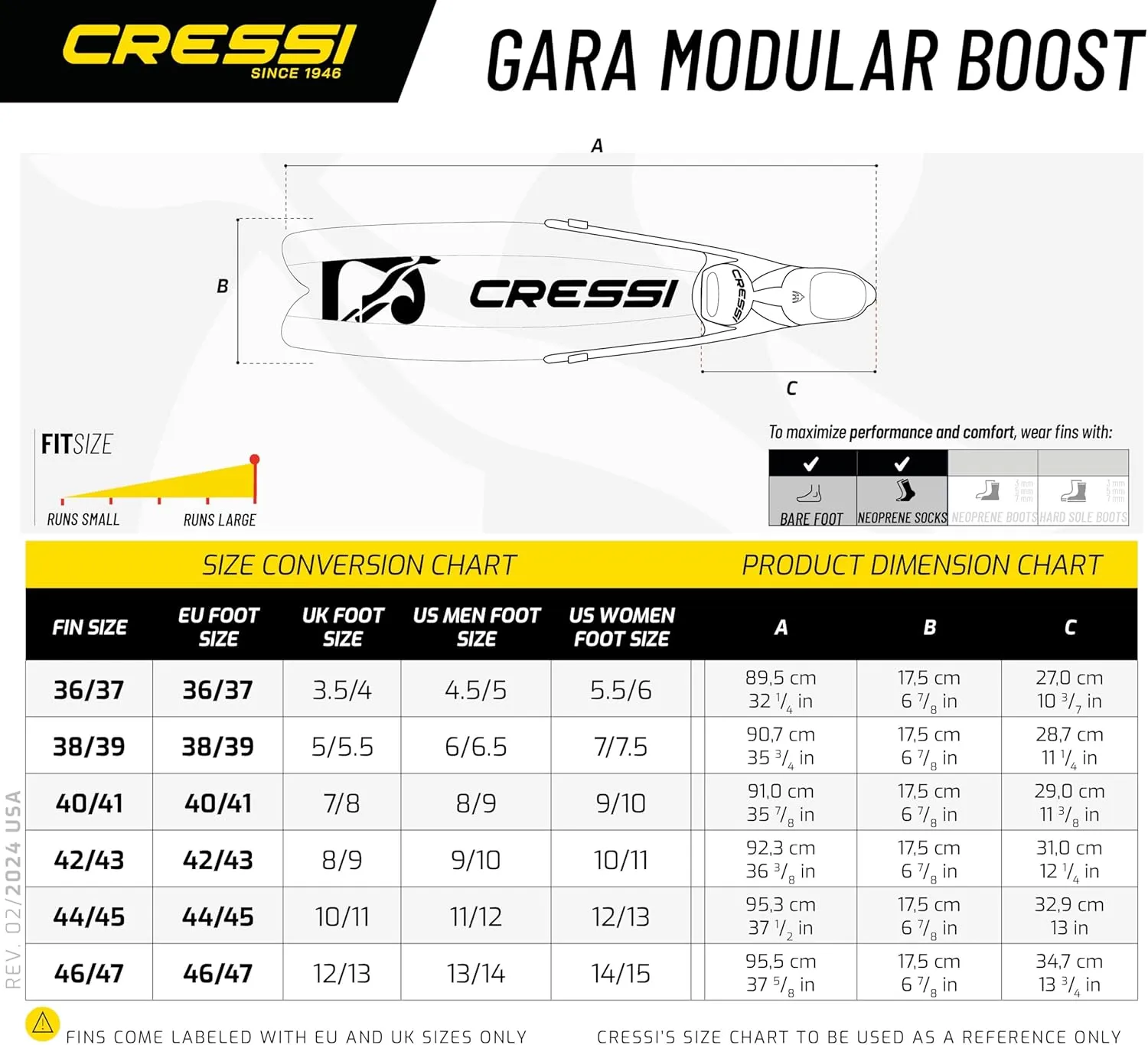 Cressi Long Freediving Fins, High Performance with Lightweight Design, Gara Modular Boost- Designed and Made in Italy