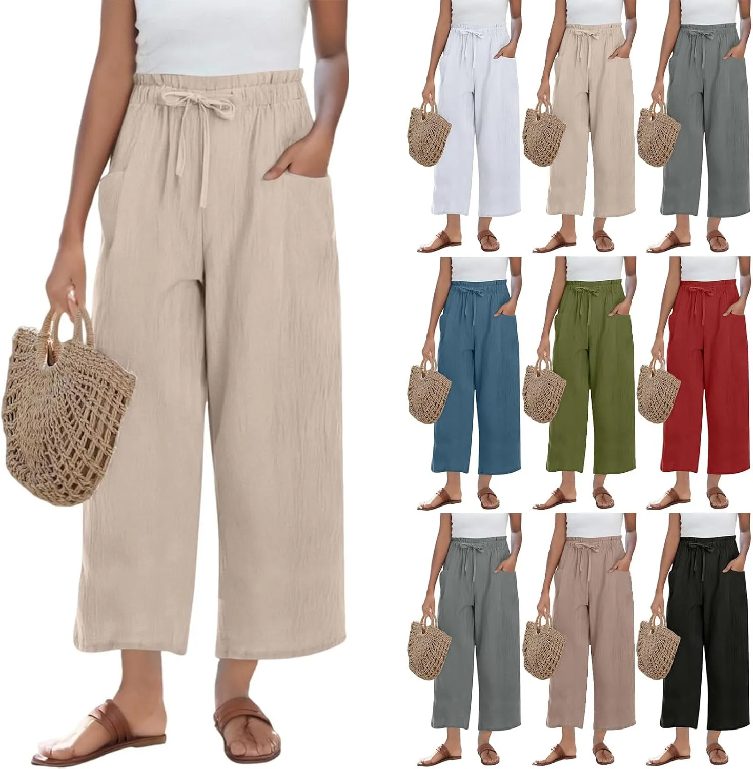 Cropped Linen Pants Women Drawstring Elastic Waist Wide Leg Palazzo Pants with Pockets Casual Flowy Boho Beach Pant
