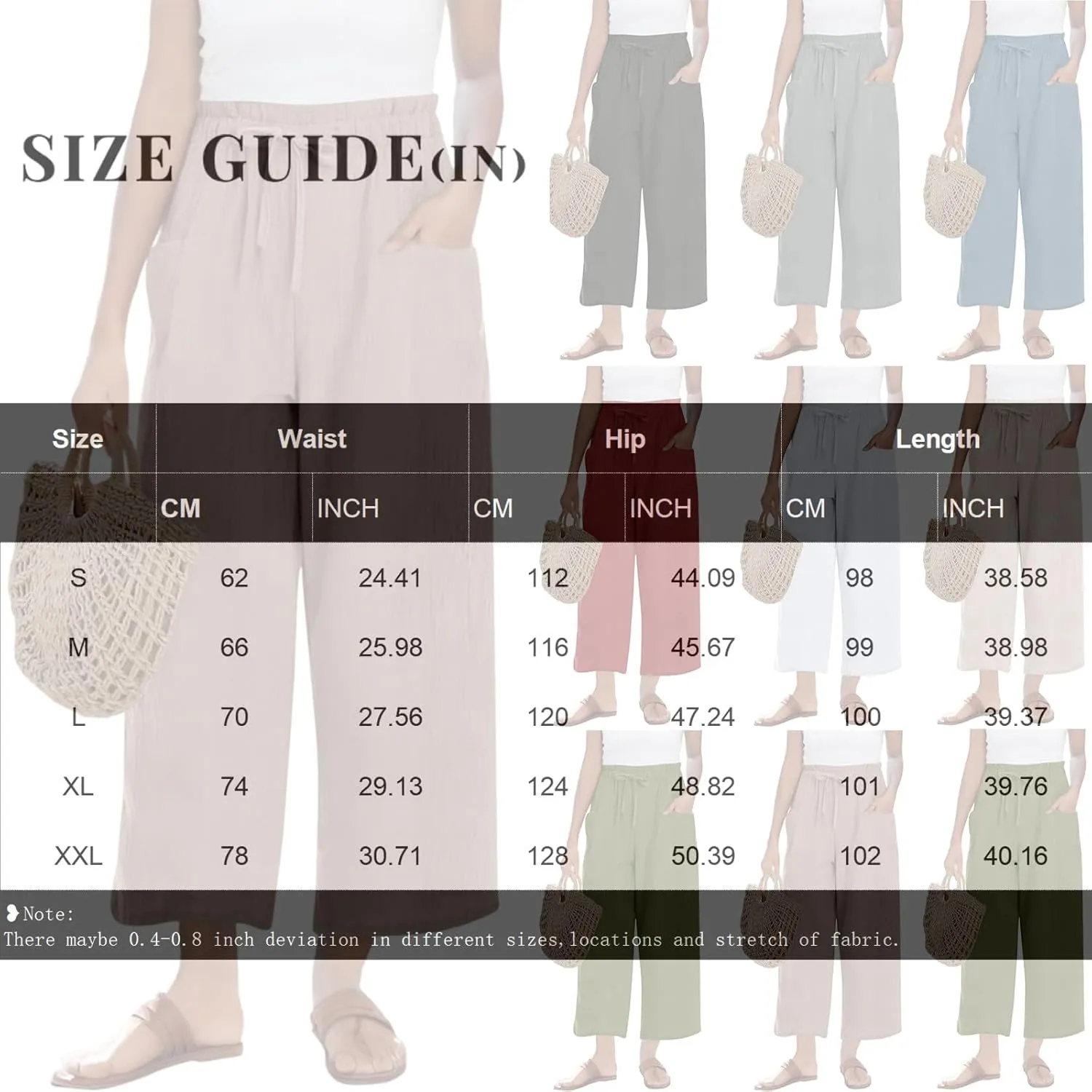 Cropped Linen Pants Women Drawstring Elastic Waist Wide Leg Palazzo Pants with Pockets Casual Flowy Boho Beach Pant