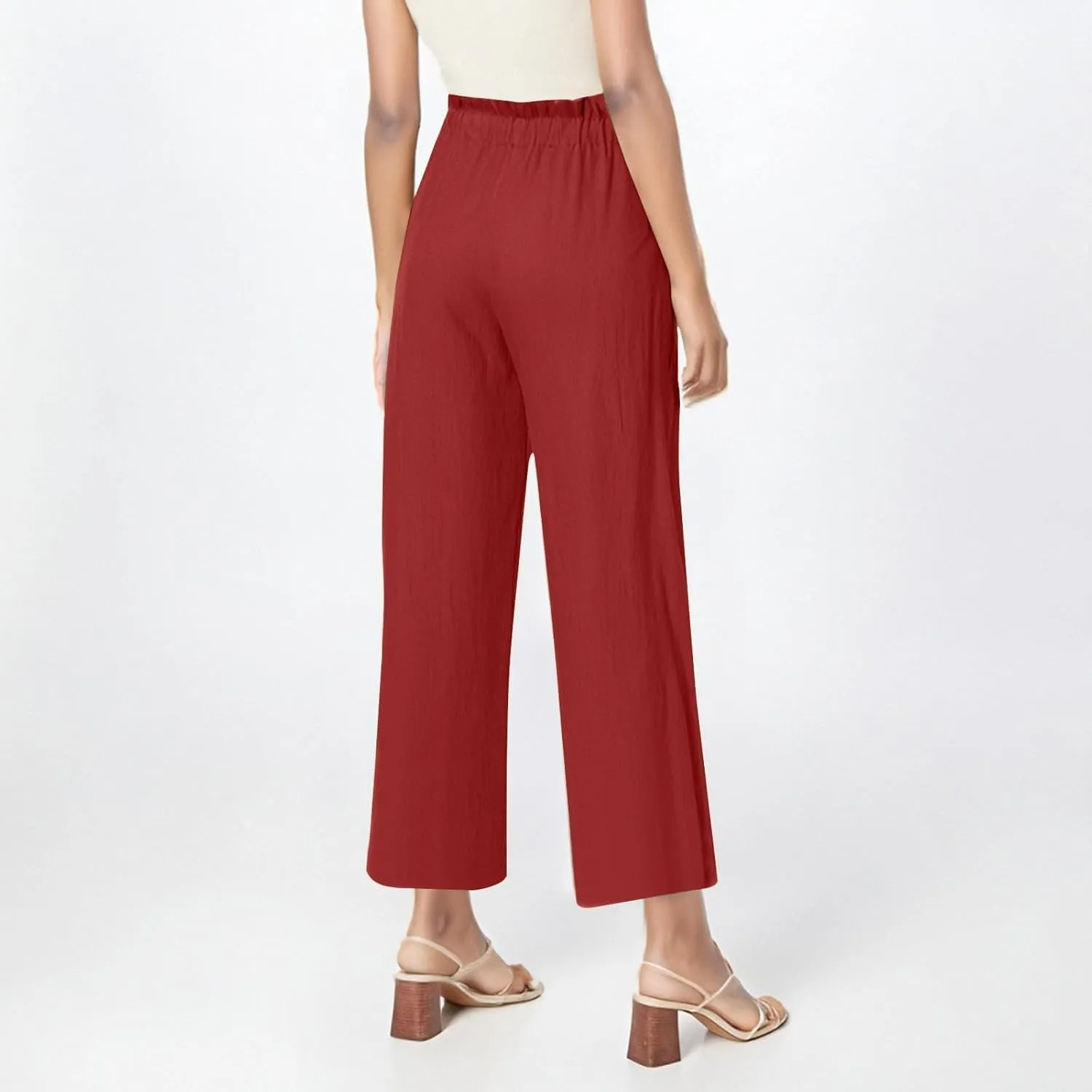Cropped Linen Pants Women Drawstring Elastic Waist Wide Leg Palazzo Pants with Pockets Casual Flowy Boho Beach Pant