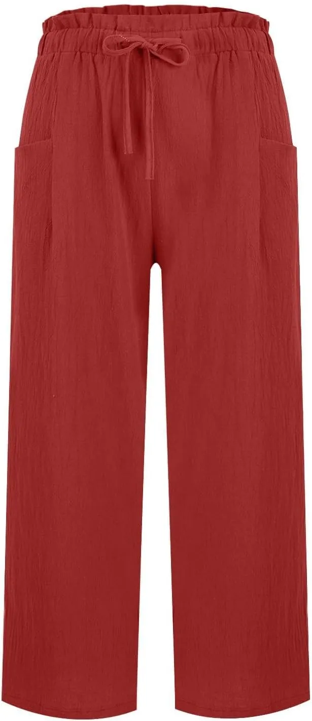 Cropped Linen Pants Women Drawstring Elastic Waist Wide Leg Palazzo Pants with Pockets Casual Flowy Boho Beach Pant
