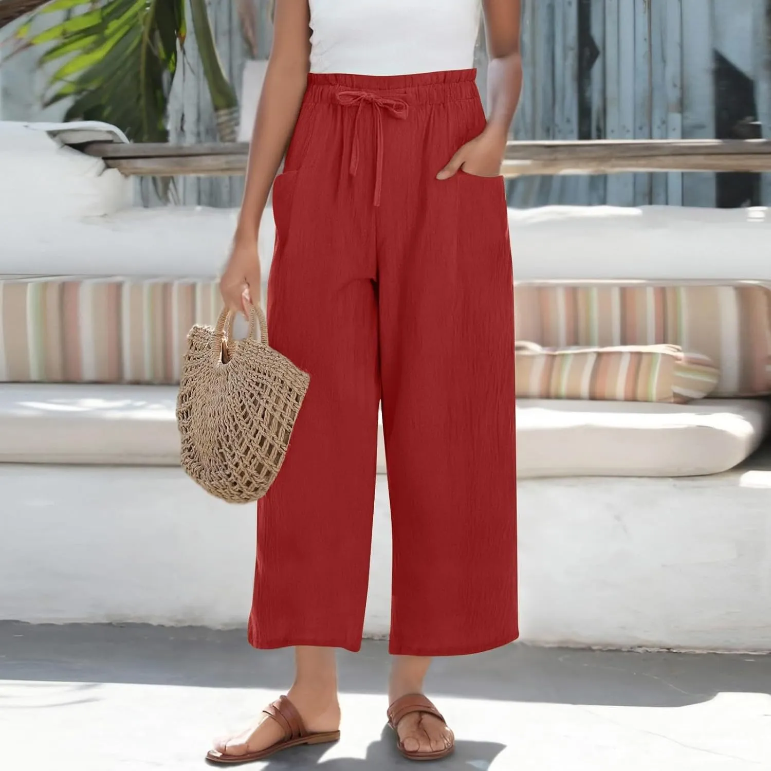 Cropped Linen Pants Women Drawstring Elastic Waist Wide Leg Palazzo Pants with Pockets Casual Flowy Boho Beach Pant