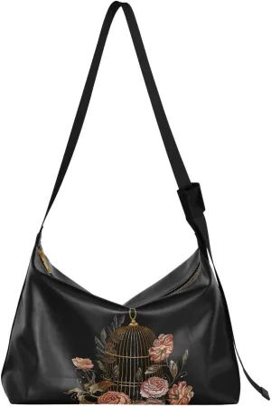 Crossbody Bag for Women Men Trendy Embroidery Birds Cage Leather Casual Hobo Shoulder Bags Purses with Adjustable Strap Vintage Roses Fashion Large Sling Handbag
