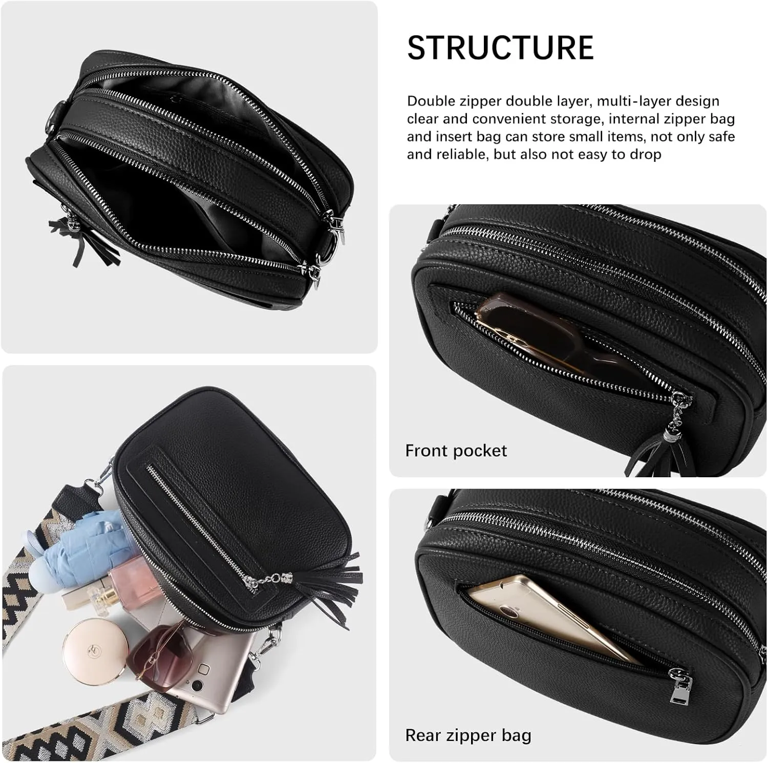 Crossbody Bag for Women Trendy Purse Small Shoulder Handbags with Wide Strap With Multi-compartment double zipper