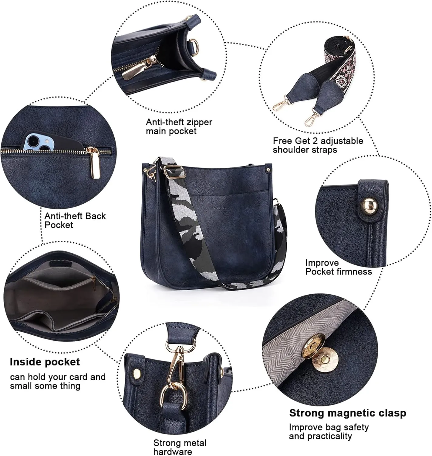 Crossbody Bag Women Vegan Leather Hobo Handbag Trendy Crossbody Shoulder Bag Purses For Women with 2 Adjustable Strap