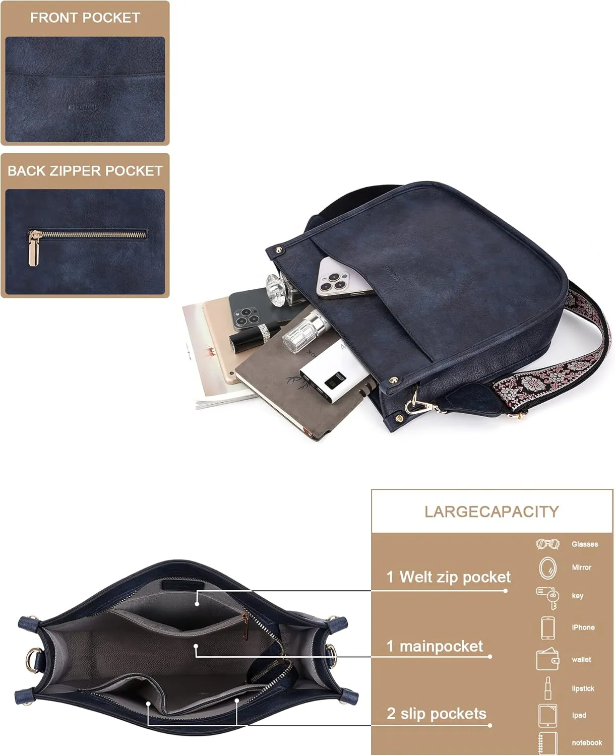 Crossbody Bag Women Vegan Leather Hobo Handbag Trendy Crossbody Shoulder Bag Purses For Women with 2 Adjustable Strap