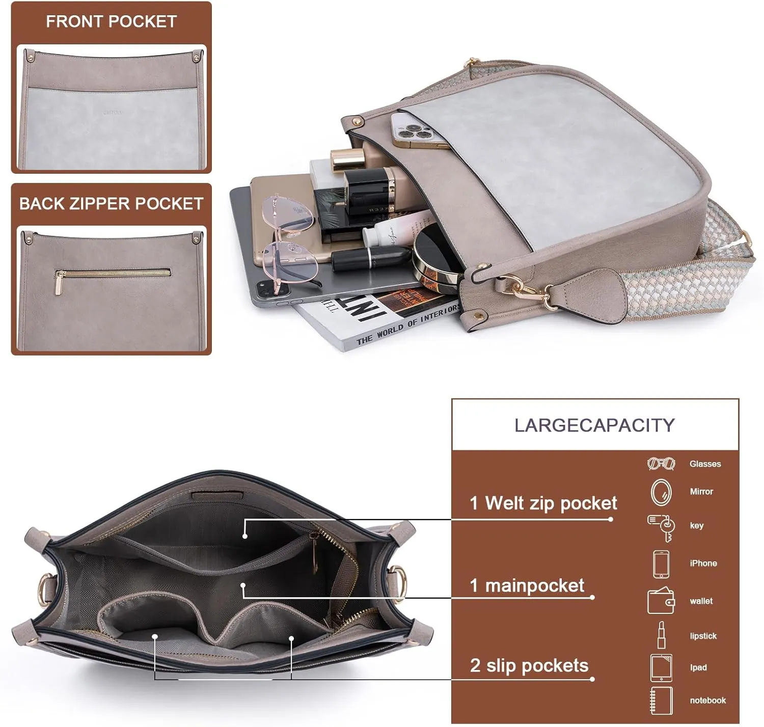 Crossbody Bag Women Vegan Leather Hobo Handbag Trendy Crossbody Shoulder Bag Purses For Women with 2 Adjustable Strap