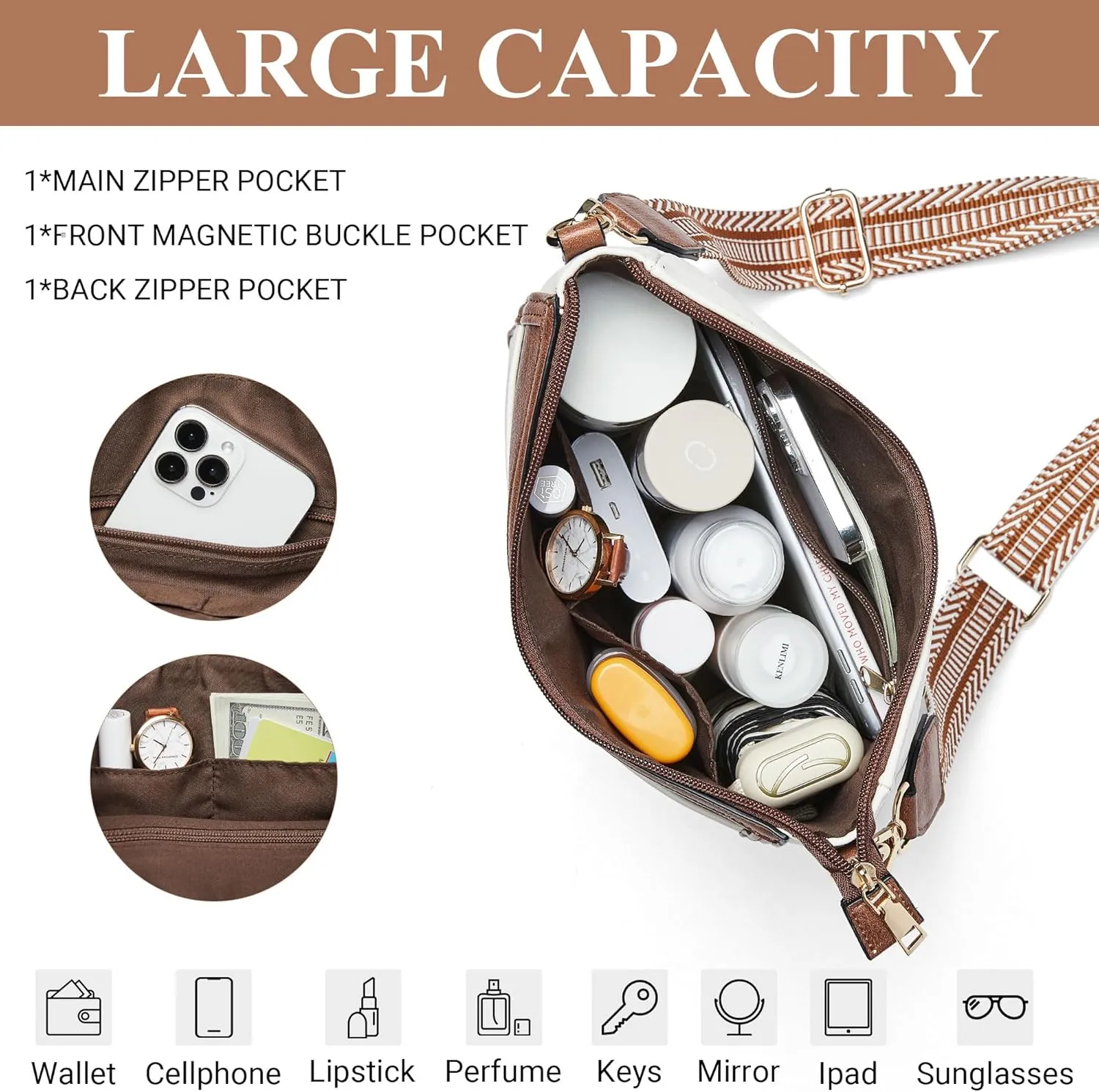 Crossbody Bags for Women Vegan Leather Hobo Purses Travel Shoulder Handbags with Detachable Wide Guitar Strap