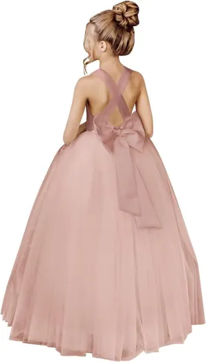 Crossed Straps Flower Girl Dress Satin Long Prom Dress with Bow Puffy Tulle Kids Pageant Dresses for Girls