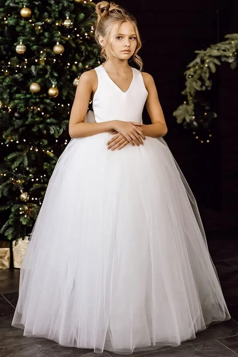 Crossed Straps Flower Girl Dress Satin Long Prom Dress with Bow Puffy Tulle Kids Pageant Dresses for Girls