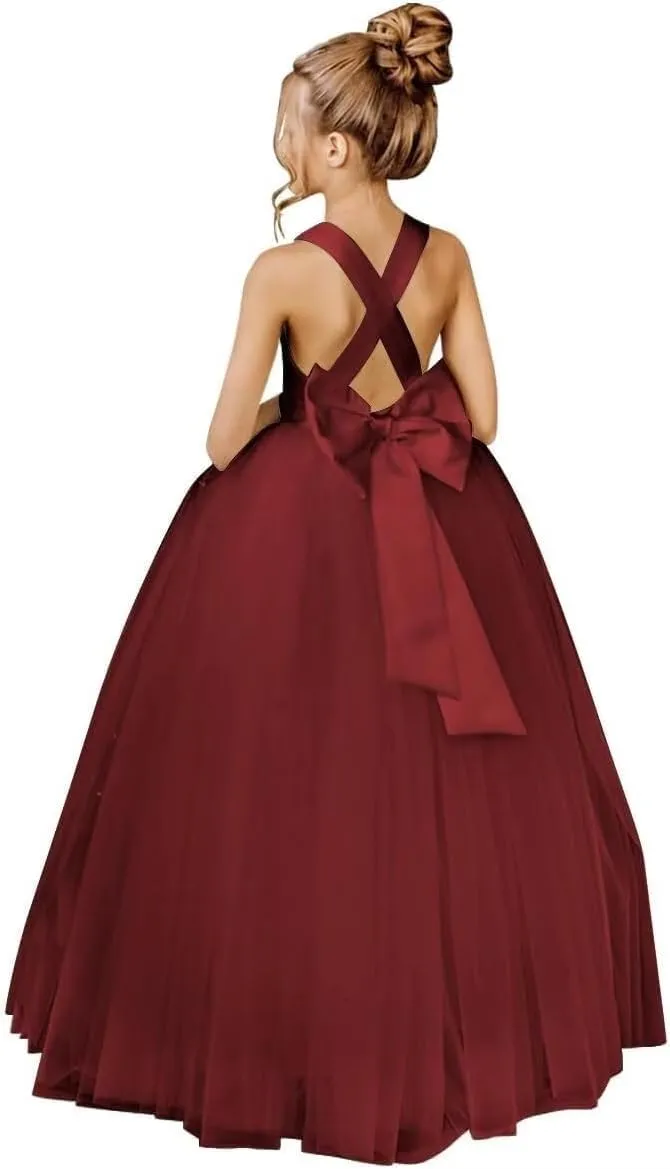 Crossed Straps Flower Girl Dress Satin Long Prom Dress with Bow Puffy Tulle Kids Pageant Dresses for Girls