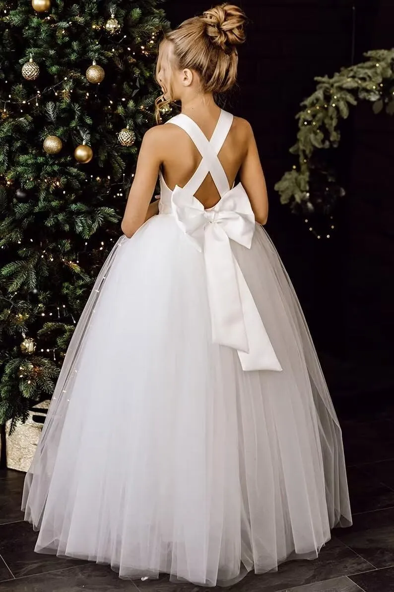 Crossed Straps Flower Girl Dress Satin Long Prom Dress with Bow Puffy Tulle Kids Pageant Dresses for Girls