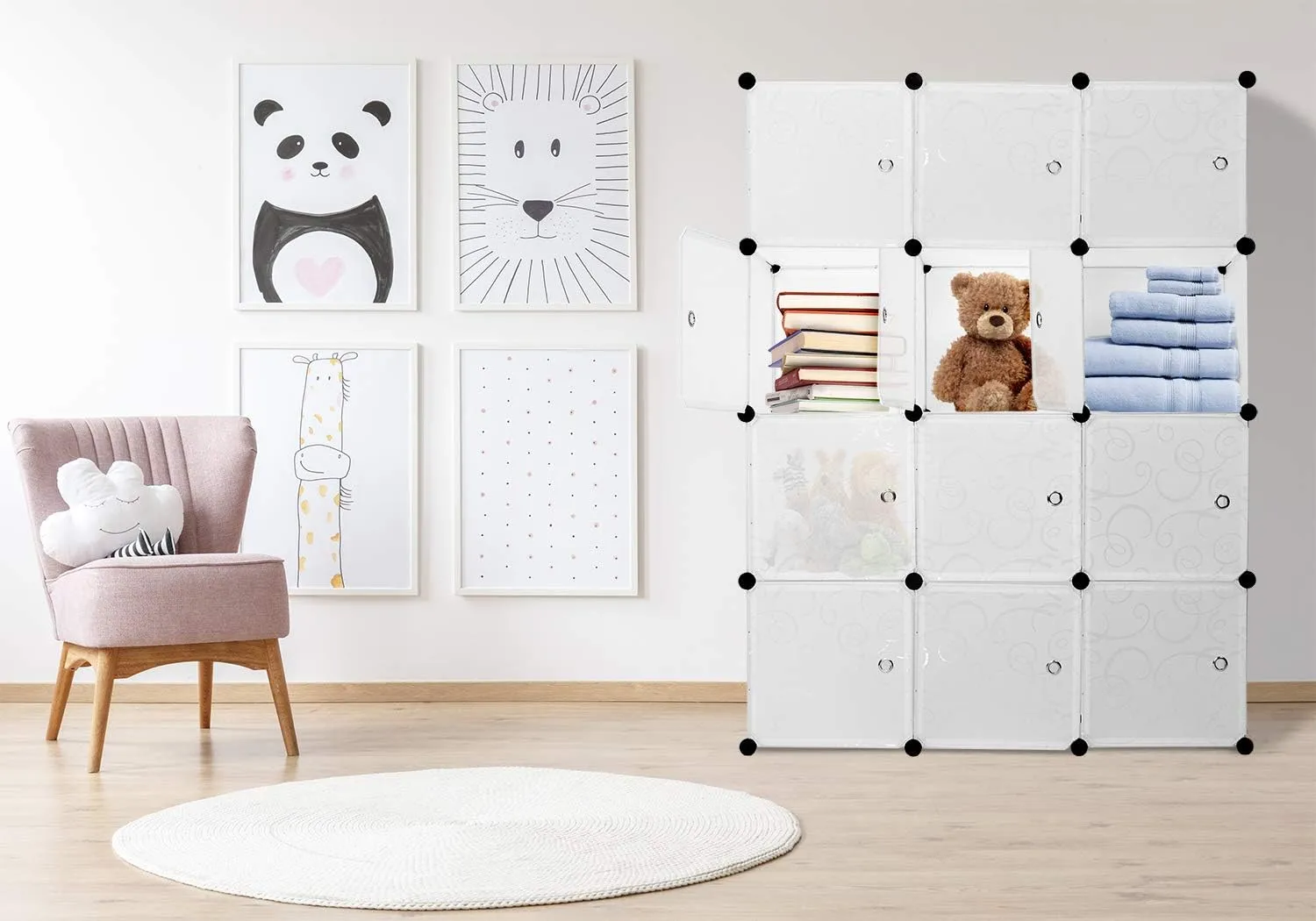 Cube Storage Organizer - 12 Cubes | Stackable Portable Closet Organizer Shelves, Modular Cabinet with Doors and Hammer, Translucent White, 56" W x 42" H x 14" D