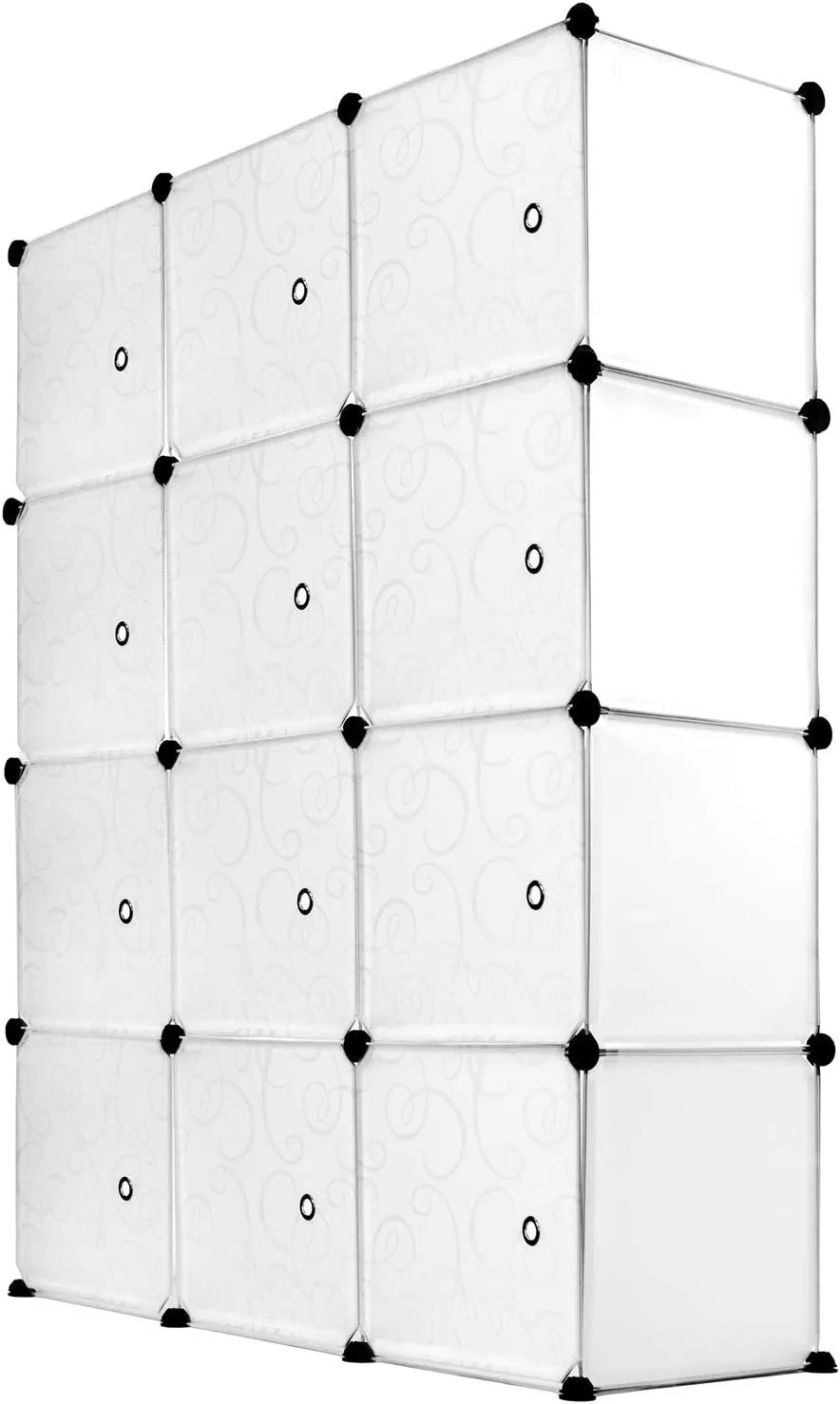 Cube Storage Organizer - 12 Cubes | Stackable Portable Closet Organizer Shelves, Modular Cabinet with Doors and Hammer, Translucent White, 56" W x 42" H x 14" D