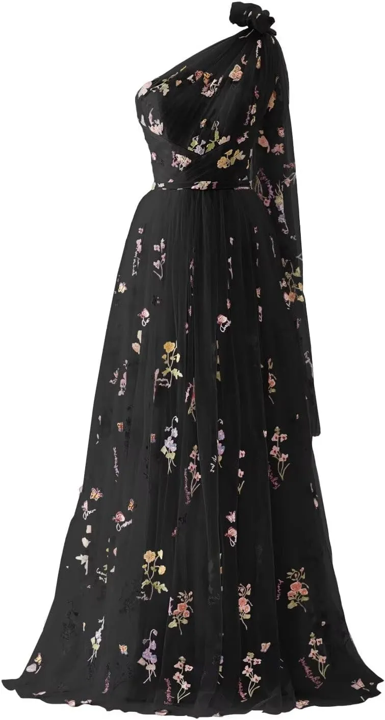 Cudiew Flower Embroidery Tulle Prom Dress for Women One Shoulder Formal Floral Party Gowns Floor Length