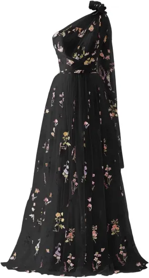Cudiew Flower Embroidery Tulle Prom Dress for Women One Shoulder Formal Floral Party Gowns Floor Length