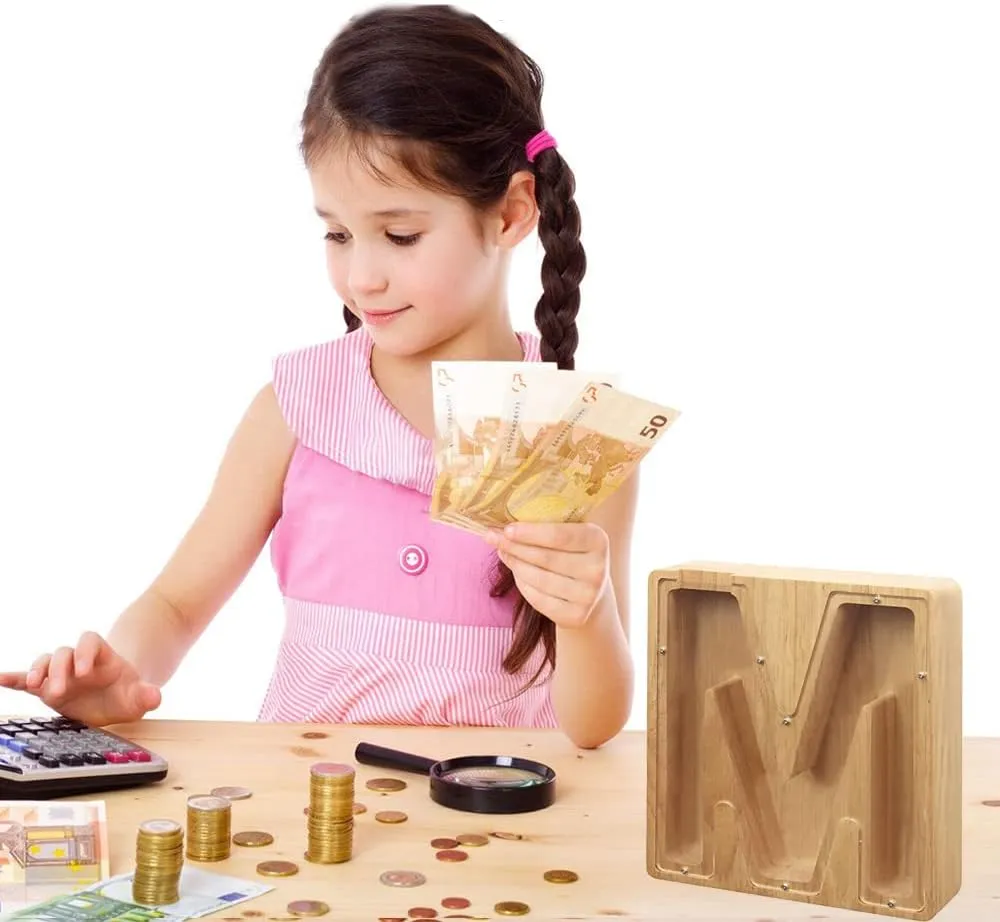 Custom Wooden Piggy Banks, CCHKFEI Coin jar Personalized Piggy Bank Creative 26 Letter DIY Storage Jar Kids Alphabet Coin Bank Savings Piggy Bank Birthday Gift Home Decoration Souvenir（M
