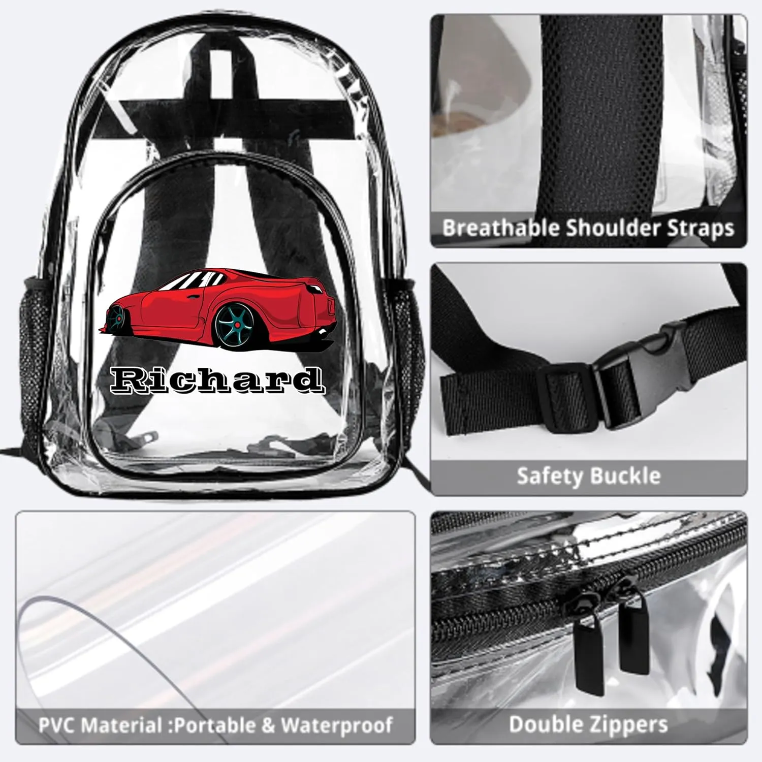 Customized Clear Backpack for Boys, Custom Racing Clear Backpacks with Name,Transparent Backpack with Reinforced Strap,See Through Waterproof Heavy Clear Book Bag, Back to School Gifts