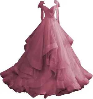 CWOAPO Layered Ruffles Tulle Prom Dresses Spaghetti Strap Ball Gowns Long Elegant V Neck Bow Formal Evening Dresses 2025