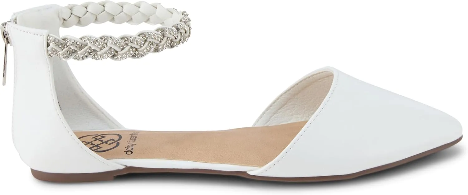 Daisy Fuentes Women’s Ankle-Strap D’Orsay Flats – Braided Embellished Strap, Pointed Toe, Zipper Closure – Comfortable Casual and Dressy Shoes
