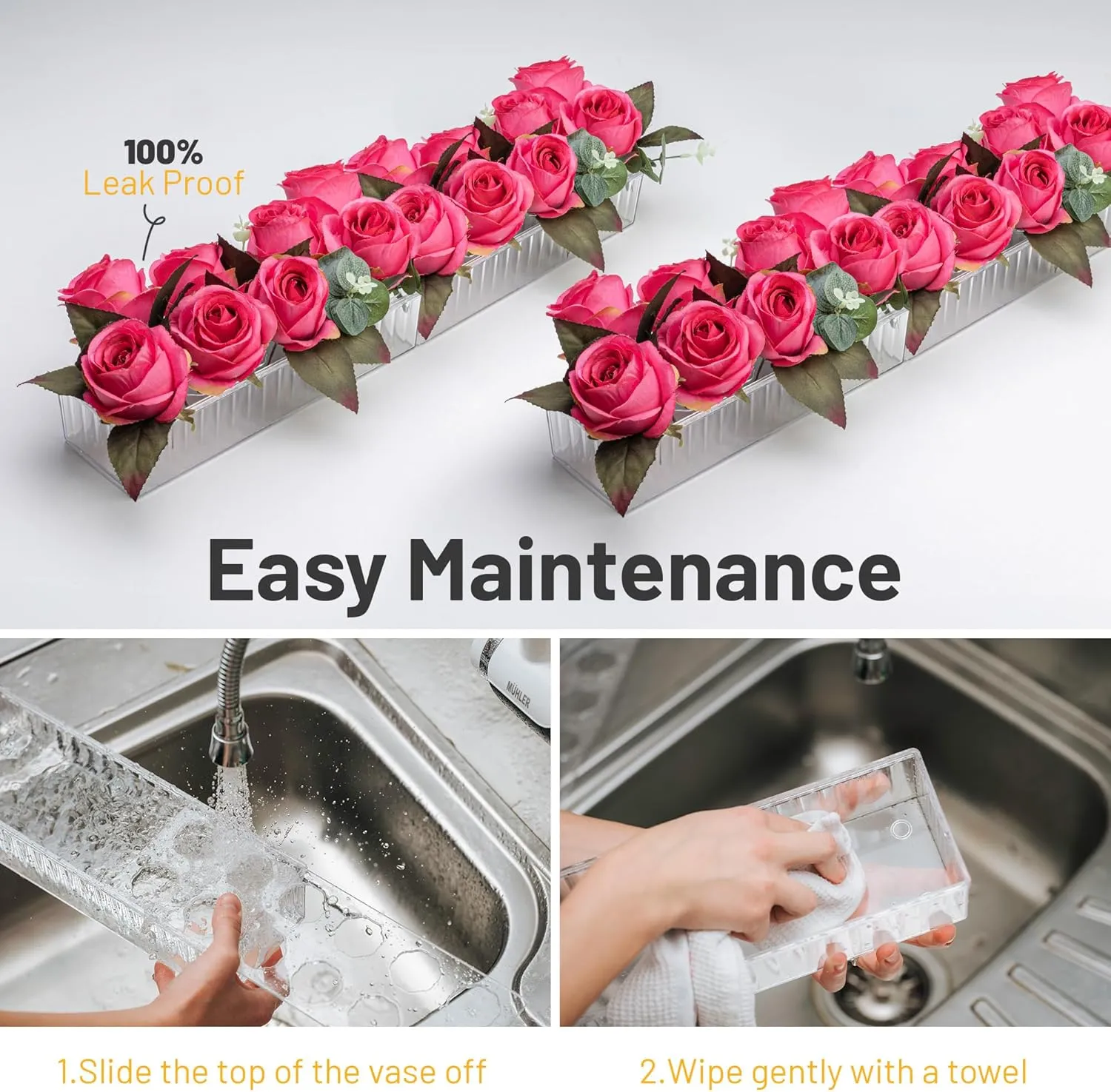 D&D Living 4 Pack Leak-Proof Wave Design Acrylic Long Rectangle Vases for Table Centerpieces - 48" Clear Flower Vases with 12 Holes as Floral Centerpieces